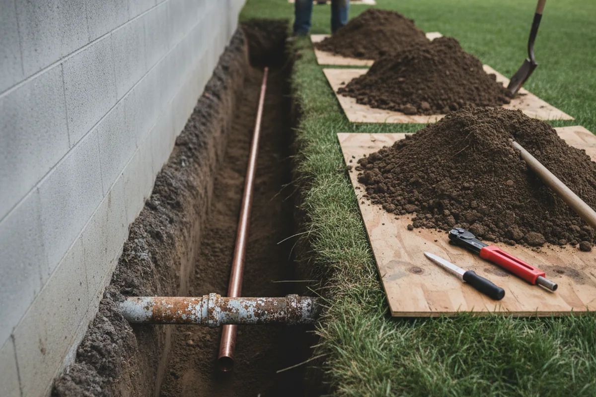 Excavated water line trench during Water Softener Installation in Lima